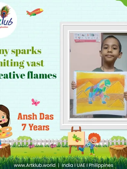 Ansh Das, age 7, ignites his creative flames with this abstract and colorful dinosaur drawing.