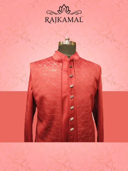 For grooms who prefer a bold statement, I offer this warm red sherwani. The bandhgala neckline, ornate buttons, and glistening sequins make it a standout piece for the main ceremony.