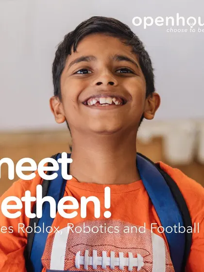 Aethen is all smiles, backpack on and ready for his next adventure in robotics. He loves Roblox, football, and building things that move.