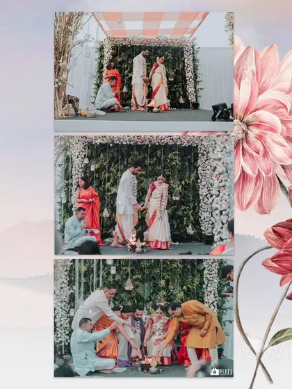 A collage of moments from the wedding ceremony, showing the sacred fire and the couple's interactions.