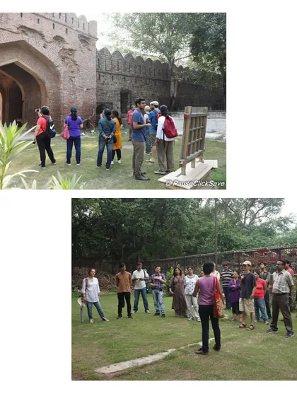 Two scenes from a walk at Kashmiri Gate, showing groups listening to the history of the 1857 revolt. The open green space was once a scene of intense fighting.