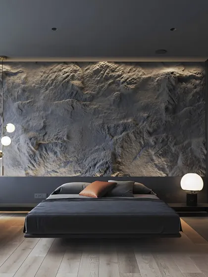 Another view of a bedroom with a textured stone wall, showing how different lighting choices can create a unique ambiance. The floating bed design adds to the modern, minimalist aesthetic.