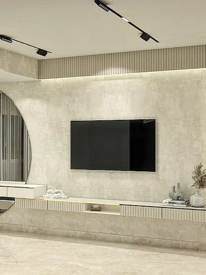 This render showcases a minimalist yet highly functional TV wall in a master bedroom, complete with an integrated vanity, an arched mirror, and subtle track lighting.