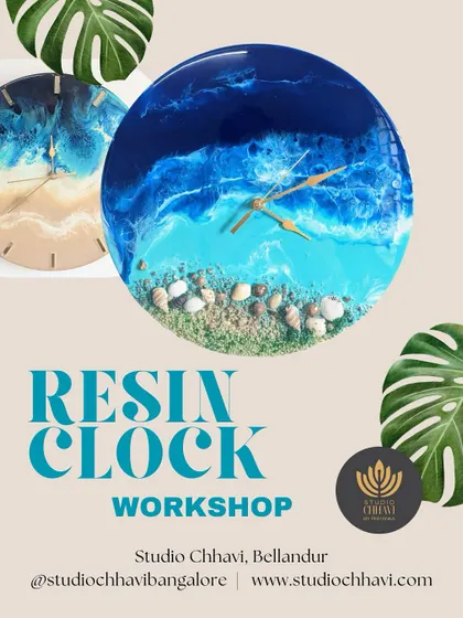 This promotional image showcases the stunning resin clocks you can create in my workshop. You can choose your own colors and style, whether it's a sandy beach with real shells or a deep blue ocean design.