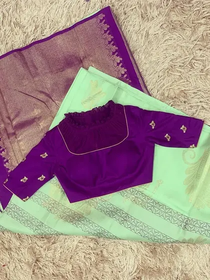 A violet embroidered blouse paired with a light green silk saree, a beautiful contrast.