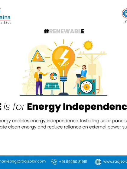 E is for Energy Independence. Installing our solar panels allows you to generate your own clean energy, reducing reliance on external power suppliers and giving you control over your energy future.