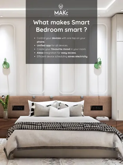 What makes a bedroom smart? This graphic breaks it down: one-tap device control, unified app, custom moods, Alexa integration, and energy-saving schedules.