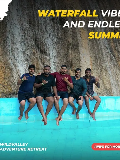Waterfall vibes and endless summer. Our pool area with a man-made waterfall is a great spot for your team to chill and take some great photos.