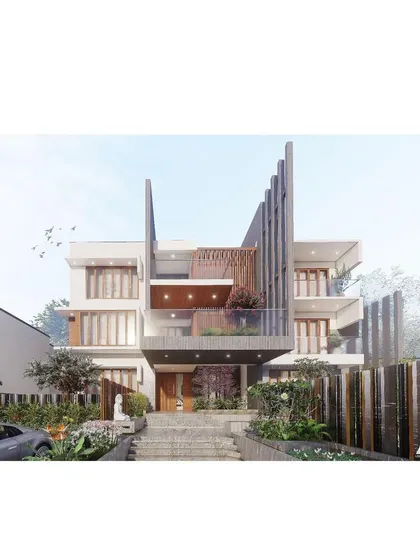 A render of a private villa, where we used strong vertical elements and wooden louvers to create a dramatic and modern facade. The design balances privacy with open, light-filled living spaces.