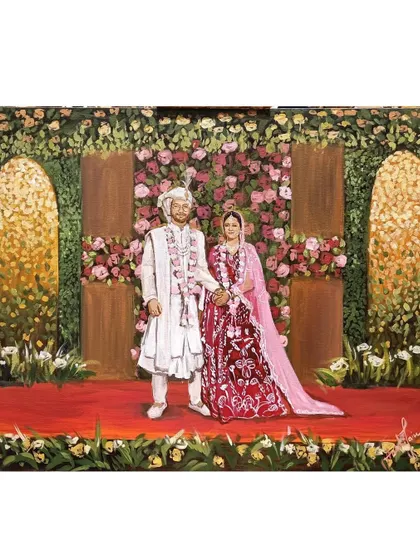 A completed 30x36 inch acrylic on canvas from a live painting session in Delhi. The floral archways and rich red carpet create a classic and grand setting for this wedding portrait.