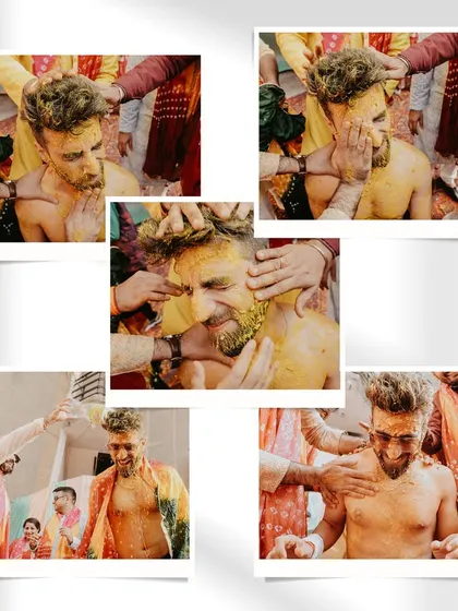 A collage focusing on the groom's Haldi. These shots capture the raw, messy, and joyful moments as his friends and family apply turmeric paste.