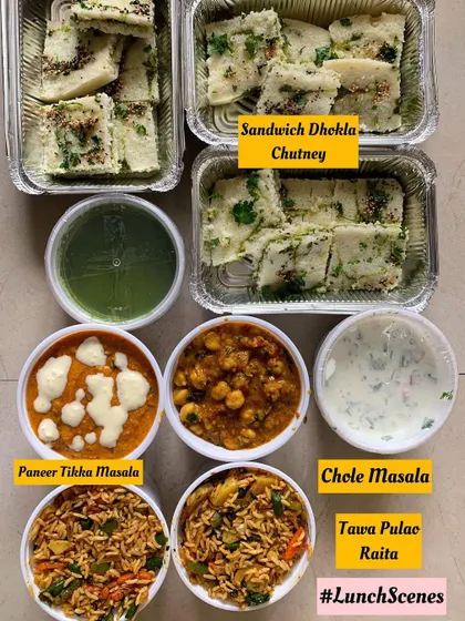 Another view of the lunch spread featuring the unique Sandwich Dhokla.