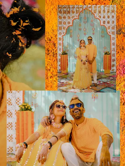 A collage from Aman and Himanshi's colorful haldi ceremony at Amar Mahal.