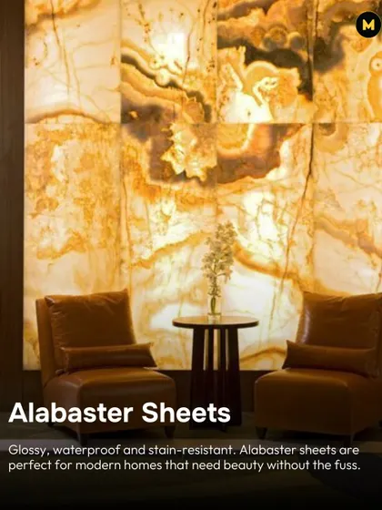 Alabaster sheets are not only beautiful but also practical. They are glossy, waterproof, and stain-resistant, making them perfect for modern homes that need beauty without the fuss, especially with backlighting.