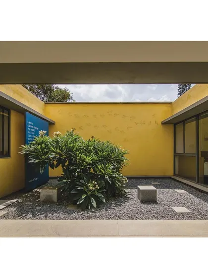 A small, contemplative courtyard with a single tree at the Karunashraya administration extension. These quiet pockets of nature are integrated throughout the design.