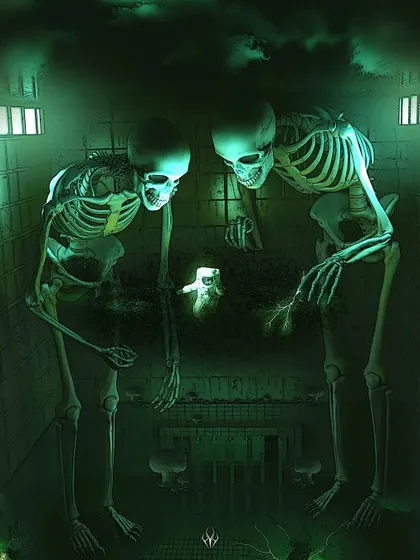 An abstract scene of two giant skeletons in a green-lit asylum room, playing with a miniature astronaut. This piece explores themes of cosmic power and timelessness, showing my ability to create surreal and thought-provoking horror visuals.