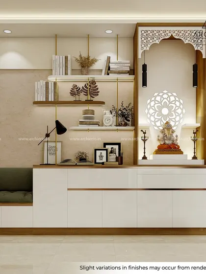 This beautiful unit combines a crockery display with a serene pooja mandir. The design is clean and modern, with a traditional arch and intricate Ganesha idol.