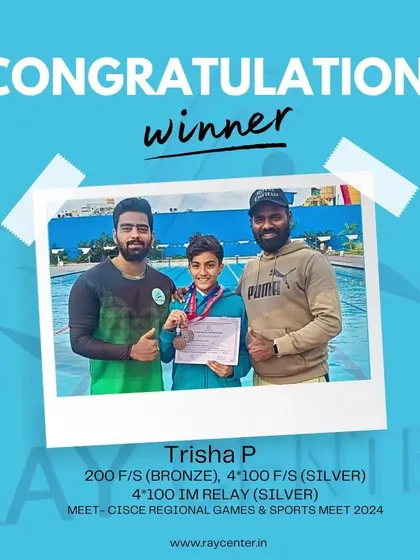 Trisha P. celebrating her bronze and silver medals at the CISCE Regional Games. It's great to see our young swimmers excel in both individual and team relay events.