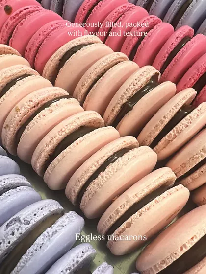 Our eggless macarons are a testament to our craft. We ensure each one has a perfectly crisp shell, a chewy texture, and a generous, flavorful filling. They are little bites of colorful, handmade luxury.