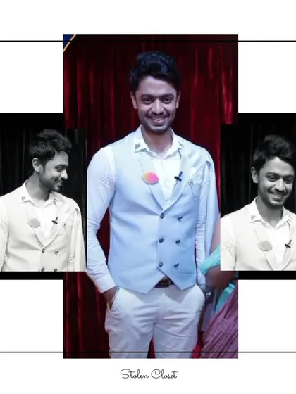 A collage featuring the custom-made white and light blue waistcoat with an attached cape, designed for actor Yashwanth. This image shows how the outfit looks from different perspectives, highlighting its unique silhouette.