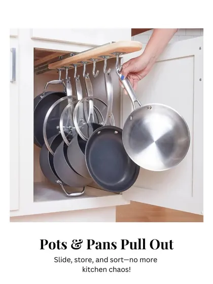 Smart kitchen storage is a game-changer. This pots and pans pull-out rack allows you to slide, store, and sort your cookware with ease, eliminating kitchen chaos.