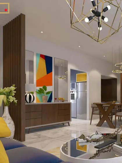 A sophisticated living room with a wooden partition, a bold abstract painting, and a striking geometric chandelier.