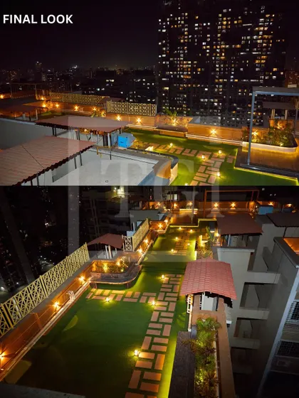 The final look of a large-scale residential terrace in Mumbai. The space is designed with winding pathways, multiple seating areas under gazebos, and extensive lighting for a resort-like feel.