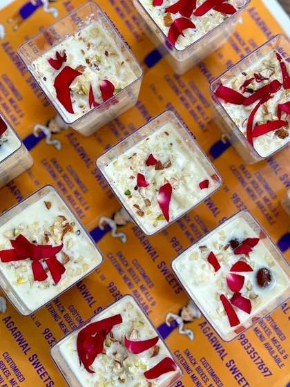 An overhead shot of the Rabdi dessert shots, showing the rich texture and premium ingredients I use.