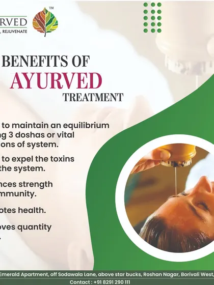 This graphic summarizes the core benefits of our Ayurvedic treatments. We help maintain equilibrium among the three doshas, expel toxins from the system, enhance strength and immunity, and ultimately improve your overall quality of life.