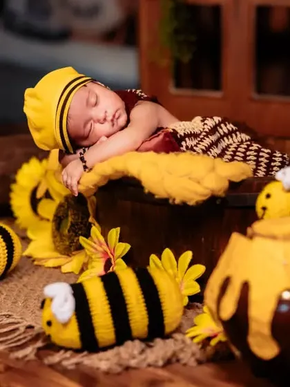 A full view of the adorable bumblebee theme, with a sleeping newborn surrounded by sunflowers, a honey pot, and crochet bees.