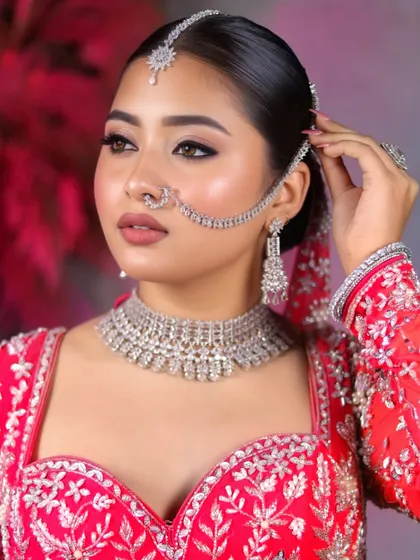 A close-up on the stunning details. The diamond nath, soft eye makeup, and perfectly styled dupatta framing the face create a captivating portrait.
