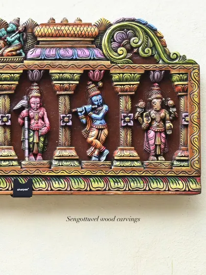 A close-up of the Dasavatharam panel, focusing on the avatars Balarama, Krishna, and Kalki. The vibrant color palette is clearly visible.