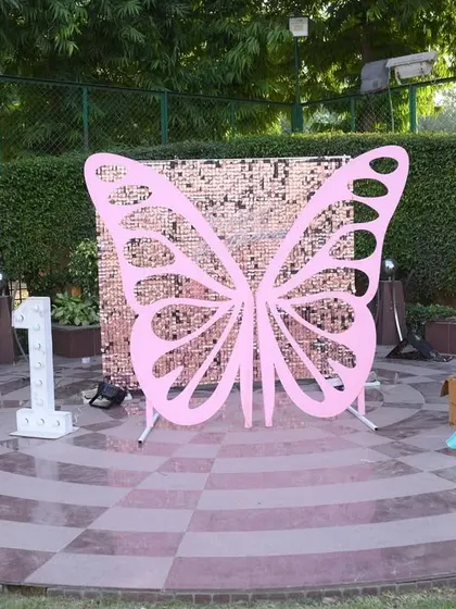 An outdoor photo booth for a princess and butterfly themed party. The setup includes a large pink butterfly prop against a sequin wall, with princess cutouts nearby.