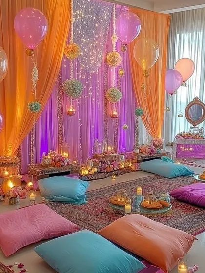 A duplicate of the intimate indoor Mehendi decor, emphasizing the warm and inviting ambiance created with lighting and textiles.