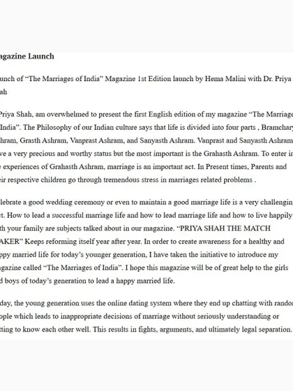 An excerpt about the launch of my magazine, 'The Marriages of India', created to guide the younger generation towards a happy married life.
