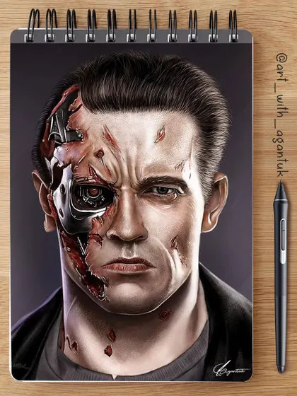 Here is the final Terminator artwork presented in a digital sketchbook format, next to the Wacom pen I used to create it. This shows how the digital file can look when prepared for print.