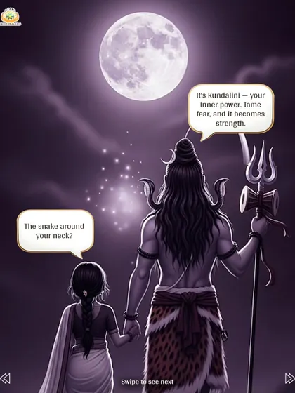 This image from the Shiva symbols series explains that the snake around Shiva's neck represents Kundalini, your inner power.
