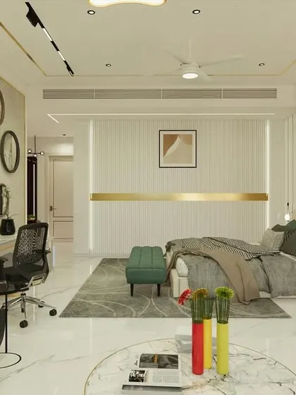 A look at the different zones within the master suite, including the sleeping area, study, and lounge space.
