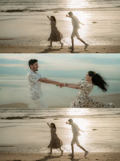 Playful and energetic moments on the beach. We encourage our couples to run, dance, and have fun, which results in dynamic and lively photos that reflect their personalities.