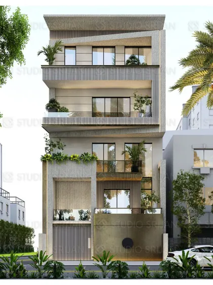 The front elevation of the Kohat Enclave residence, highlighting the verticality and the unique combination of materials.