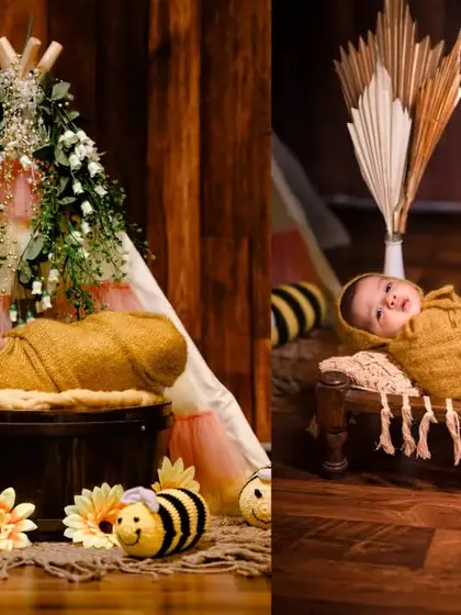 A collage showcasing two different setups from a single newborn session, including a teepee and a miniature bed, both with a rustic, warm theme.