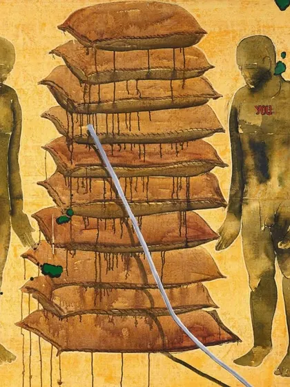 This is "YOU," a monumental 2006 work by G.R. Iranna, painted on tarpaulin. The two identical figures, branded with the word 'YOU', transform the viewer into a participant, questioning our role in a world of consumption and neglect. It is a powerful example of contemporary Indian art that provokes deep introspection.