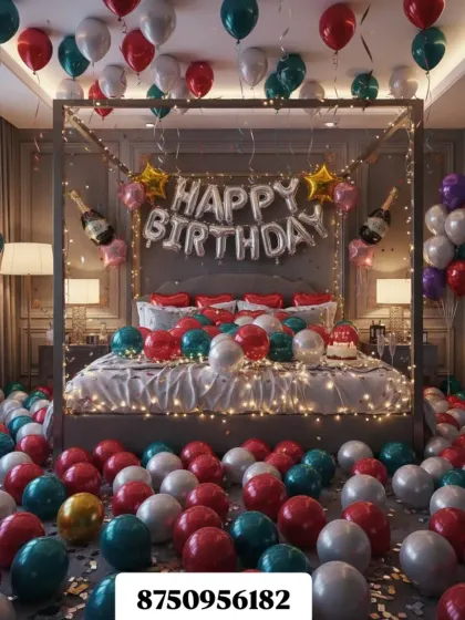 Surprise someone special by turning their bedroom into a party zone. This decoration features "Happy Birthday" foil letters, champagne bottle balloons, and a floor covered in festive colors for a fun morning reveal.