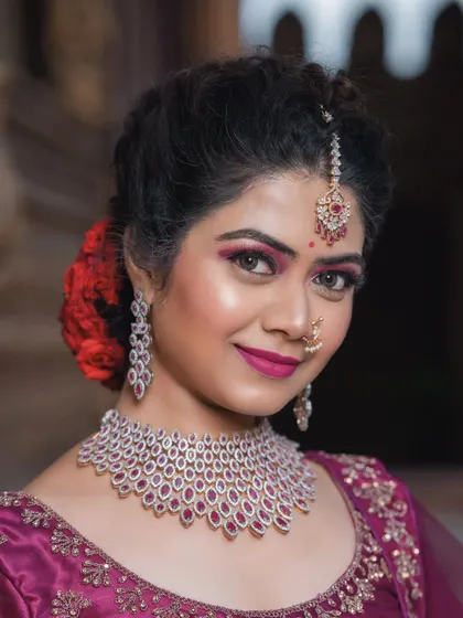 Another beautiful close-up from the same shoot, showing the matching earrings and maang tikka.