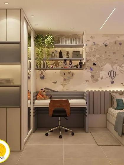 This view shows the custom-built wardrobe and study unit in the travel-themed room, with open shelves for books and toys.