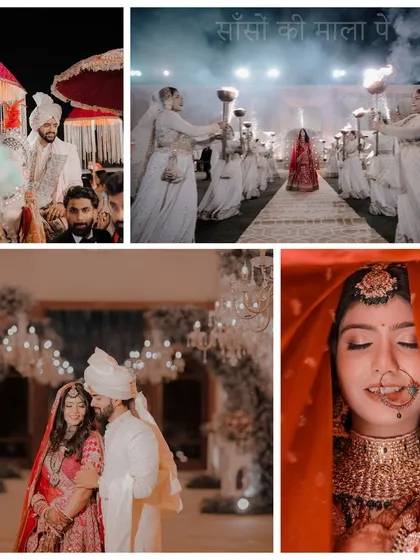 This collage tells the story of a royal Rajasthani wedding. It features the bride's grand entrance under a veil, the groom's arrival, and intimate moments, all filled with traditional elegance.