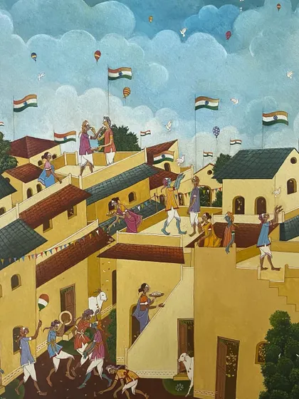 'Independence Day' by S.M. Banu Munaf is a watercolour on paper capturing the joy of the nation's celebration. The scene of people flying flags on rooftops is a nostalgic and patriotic image that resonates with many collectors of modern Indian art.
