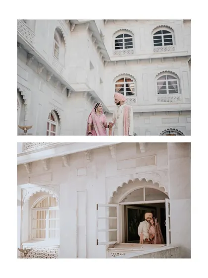 A collage showcasing the grandeur of a palace wedding. It combines a wide shot of the couple against the white marble building with an intimate shot through a window.