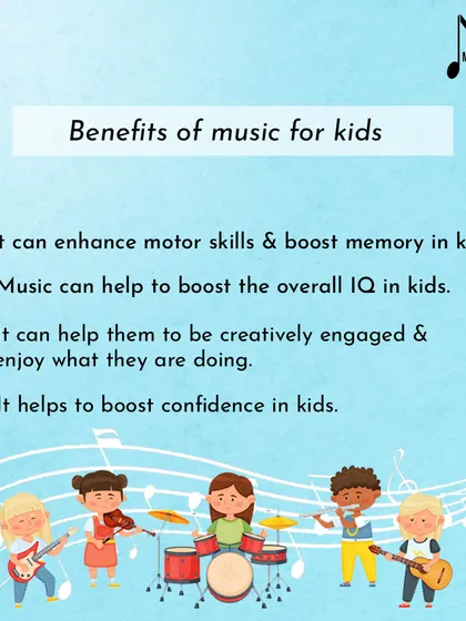 An infographic listing the benefits of music for kids, including enhanced motor skills, boosted IQ, and increased confidence.