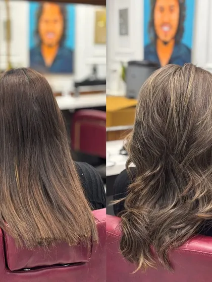 The back of the ash blonde transformation, showing the cool tones and healthy, layered cut.